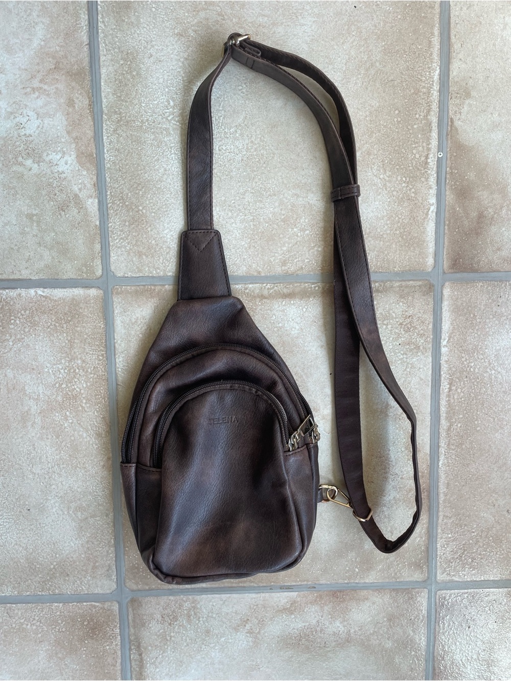 TELENA Brown Faux Leather Sling Bag Crossbody Shoulder Purse